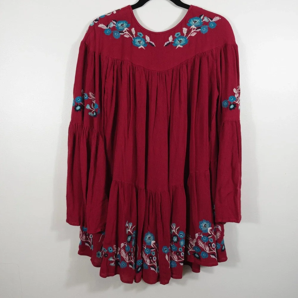 Free People Te Amo Red Embroidered Bell Sleeve Dress Women Size M Boho Hippie